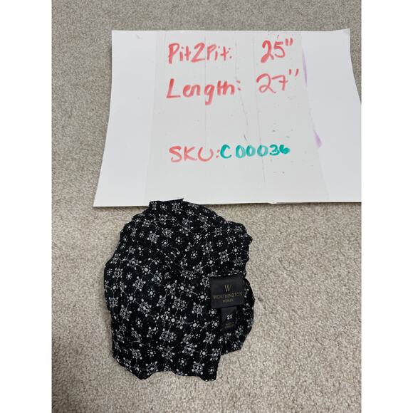 Worthington 2X Black White Long Sleeve Blouse Sheer Work Chic V Neck Business - Picture 6 of 6